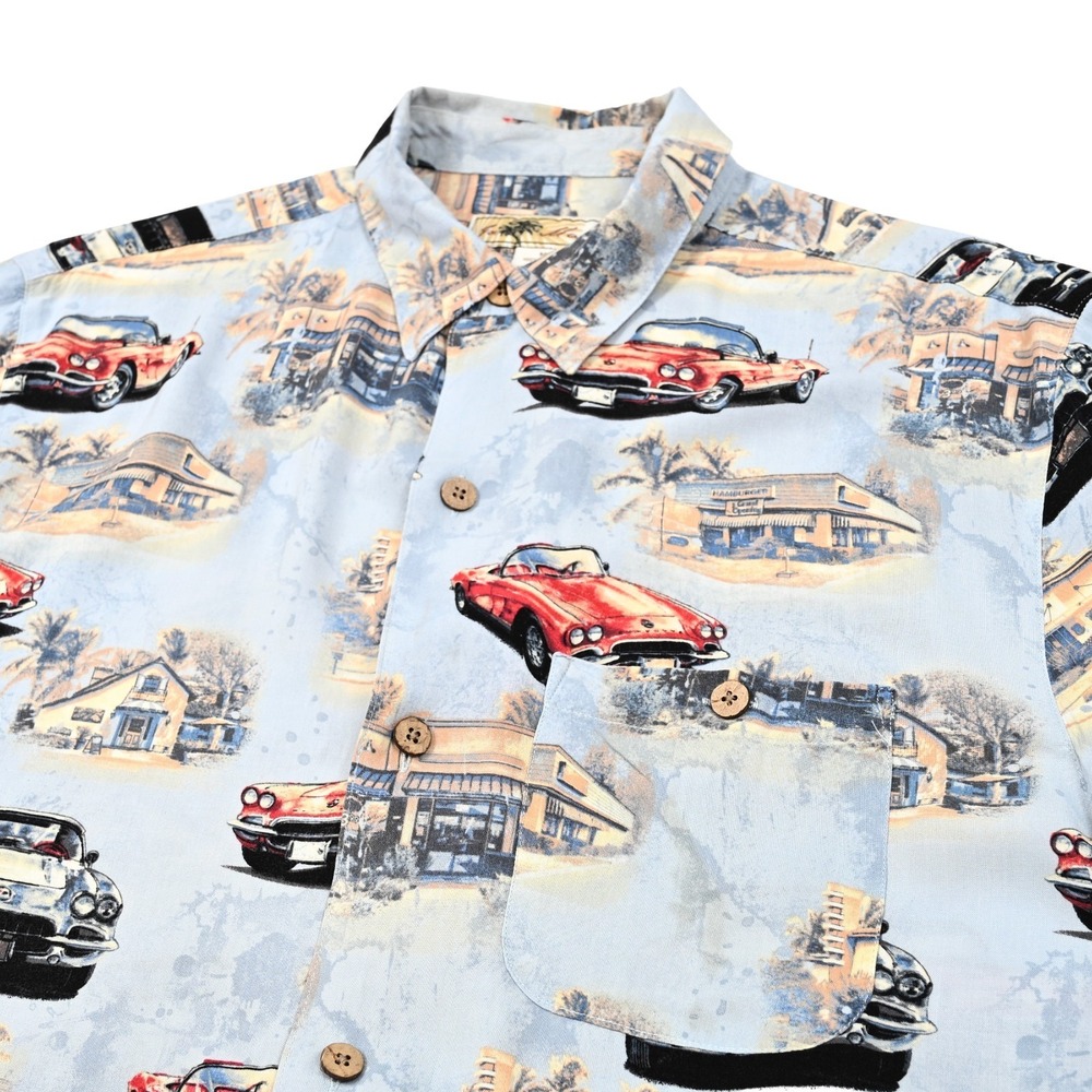 Joe Marlin Aloha Shirt Men's Medium S/S Rayon Classic Corvettes Retro Diner‎ AOP